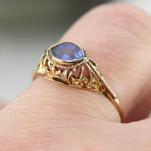 Vintage marquise cut lab grown blue sapphire ring in yellow gold