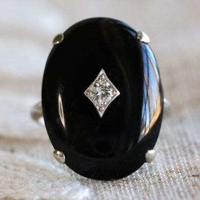 Large Oval onyx and diamond vintage ring in white gold from Manor Jewels