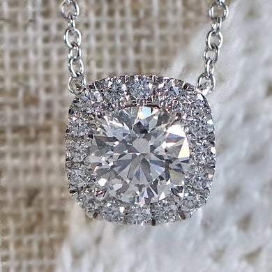 Lab grown diamond halo necklace in 14k white gold