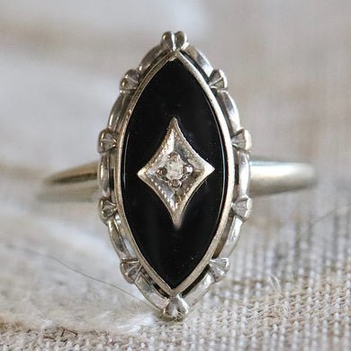 Vintage navette onyx and diamond ring in white gold