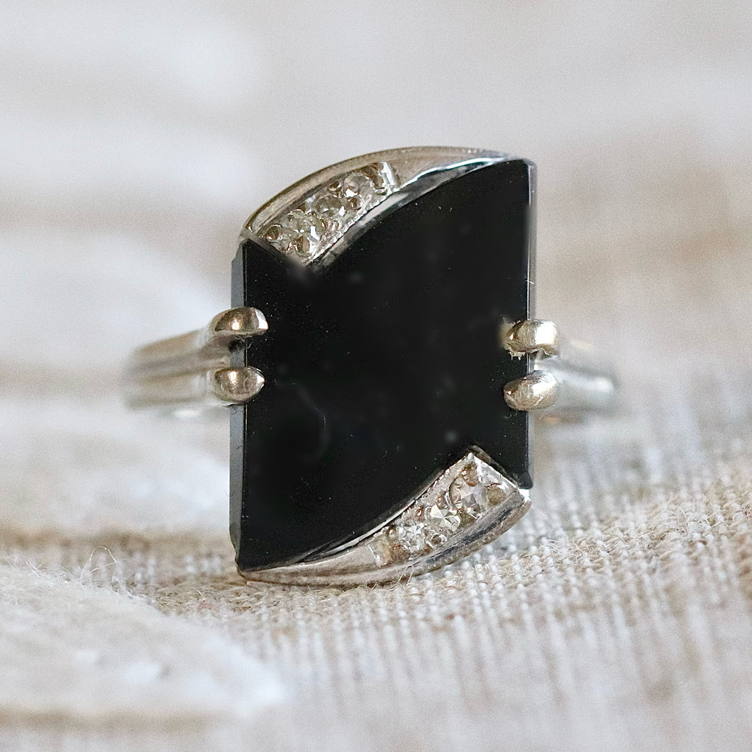 Fancy cut vintage onyx and diamond ring in white gold