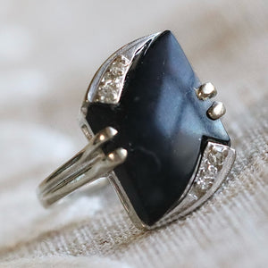 Fancy cut vintage onyx and diamond ring in white gold