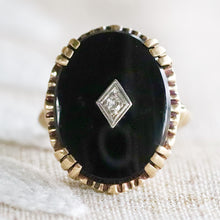 Load image into Gallery viewer, Vintage large oval onyx and diamond ring in yellow gold