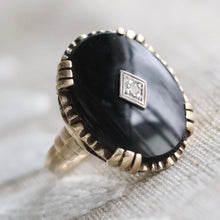 Load image into Gallery viewer, Vintage large oval onyx and diamond ring in yellow gold