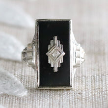 Load image into Gallery viewer, Art Deco oblong onyx and diamond vintage ring in 14k white gold