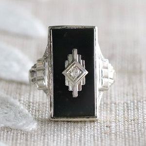 Art Deco oblong onyx and diamond vintage ring in 14k white gold