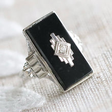 Load image into Gallery viewer, Art Deco oblong onyx and diamond vintage ring in 14k white gold