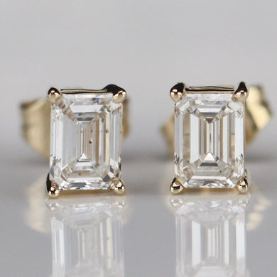 1ctw emerald cut Lab Grown Diamond studs in 14k yellow gold