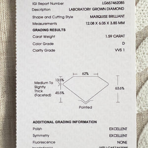 MANOR ROYAL: The Zara - 1.59ct Marquise lab grown diamond ring D/VS1 with IGI report