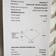 Load image into Gallery viewer, MANOR ROYAL: The Zara - 1.44ct Marquise lab grown diamond ring D/VS1 with IGI report