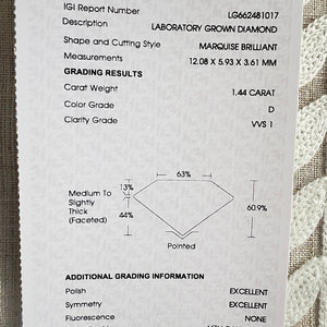 MANOR ROYAL: The Zara - 1.44ct Marquise lab grown diamond ring D/VS1 with IGI report