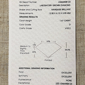 MANOR ROYAL: The Pippa - 1.67ct D/VVS2 Marquise lab grown diamond ring