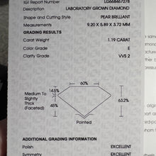 Load image into Gallery viewer, Pear shaped 1.19ct lab grown diamond and earth mined diamond ring in 18k yellow gold