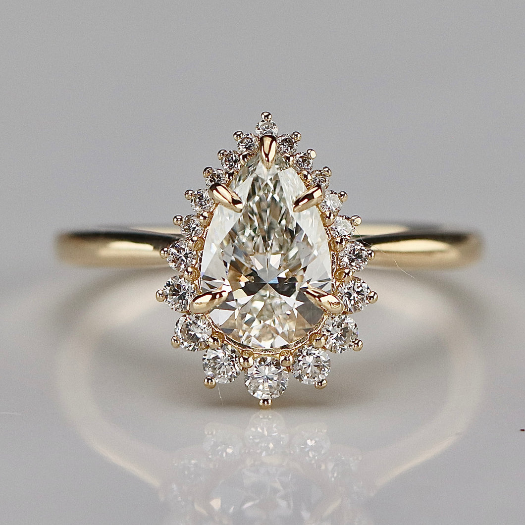 Pear shaped 1.19ct lab grown diamond and earth mined diamond ring in 18k yellow gold