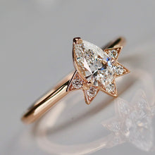 Load image into Gallery viewer, Pear shaped lab grown diamond and earth mined diamond ring in 14k rose gold