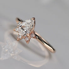 Load image into Gallery viewer, Pear shaped lab grown diamond and earth mined diamond ring in 14k rose gold