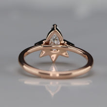 Load image into Gallery viewer, Pear shaped lab grown diamond and earth mined diamond ring in 14k rose gold