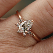 Load image into Gallery viewer, Pear shaped lab grown diamond and earth mined diamond ring in 14k rose gold