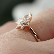 Load image into Gallery viewer, Pear shaped lab grown diamond and earth mined diamond ring in 14k rose gold