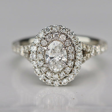 Lab Grown oval diamond double halo ring in 14k white gold