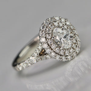 Lab Grown oval diamond double halo ring in 14k white gold