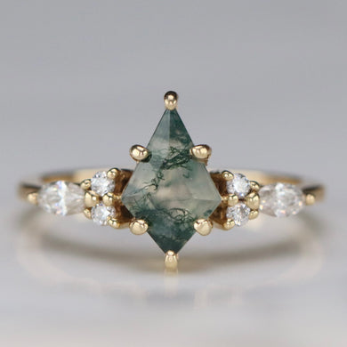 Kite moss agate and moissanite ring in 14k yellow gold