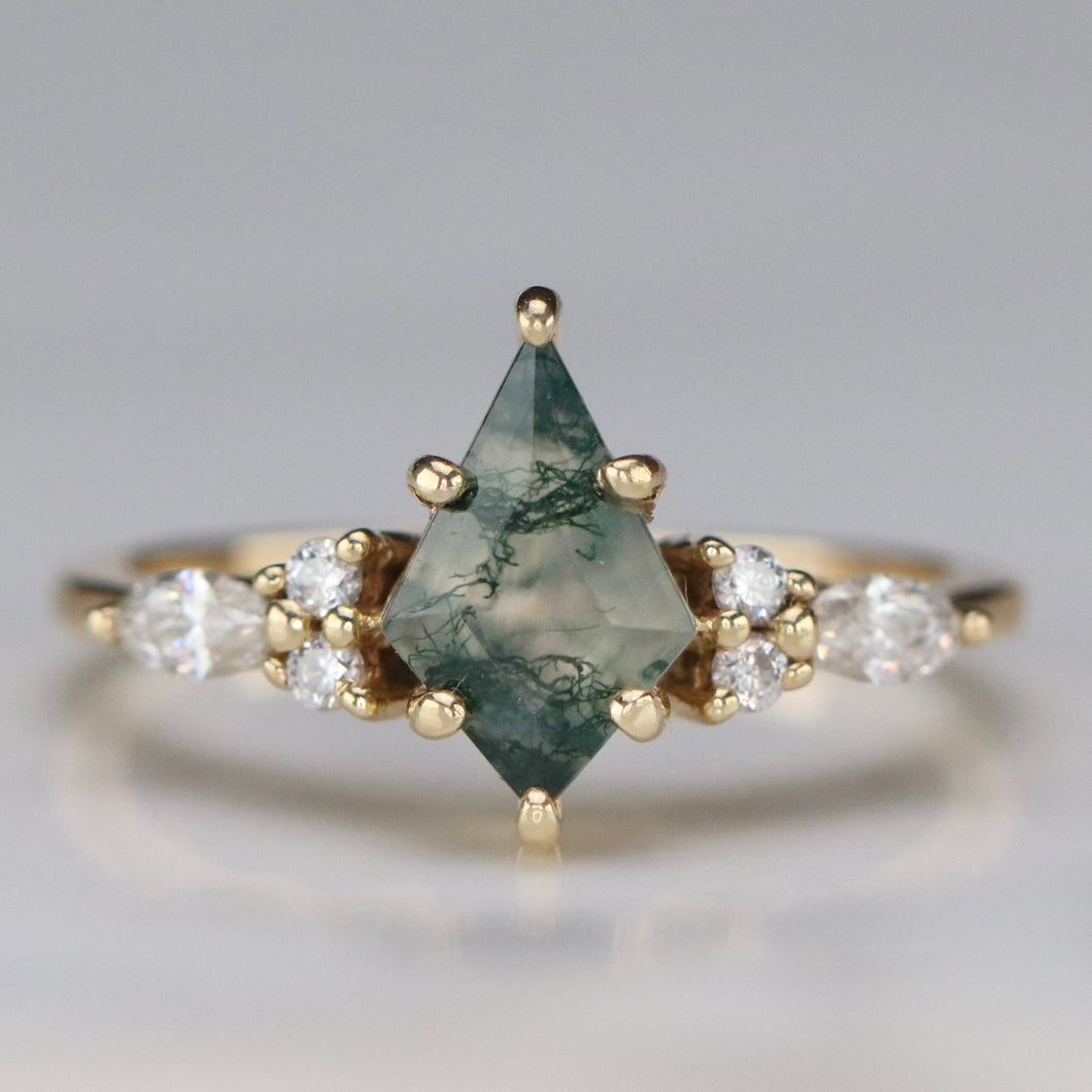 Kite moss agate and moissanite ring in 14k yellow gold