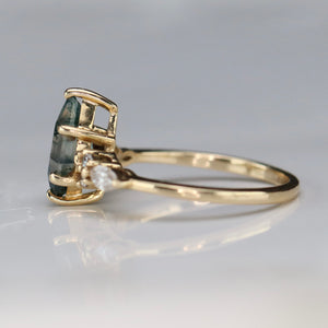 Kite moss agate and moissanite ring in 14k yellow gold