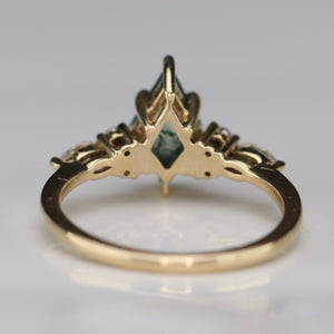 Kite moss agate and moissanite ring in 14k yellow gold