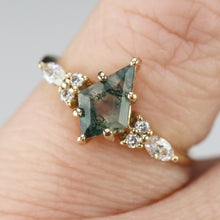 Load image into Gallery viewer, Kite moss agate and moissanite ring in 14k yellow gold