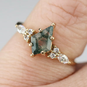 Kite moss agate and moissanite ring in 14k yellow gold