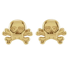 Load image into Gallery viewer, 14k yellow gold skull and crossbones studs