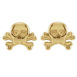 14k yellow gold skull and crossbones studs