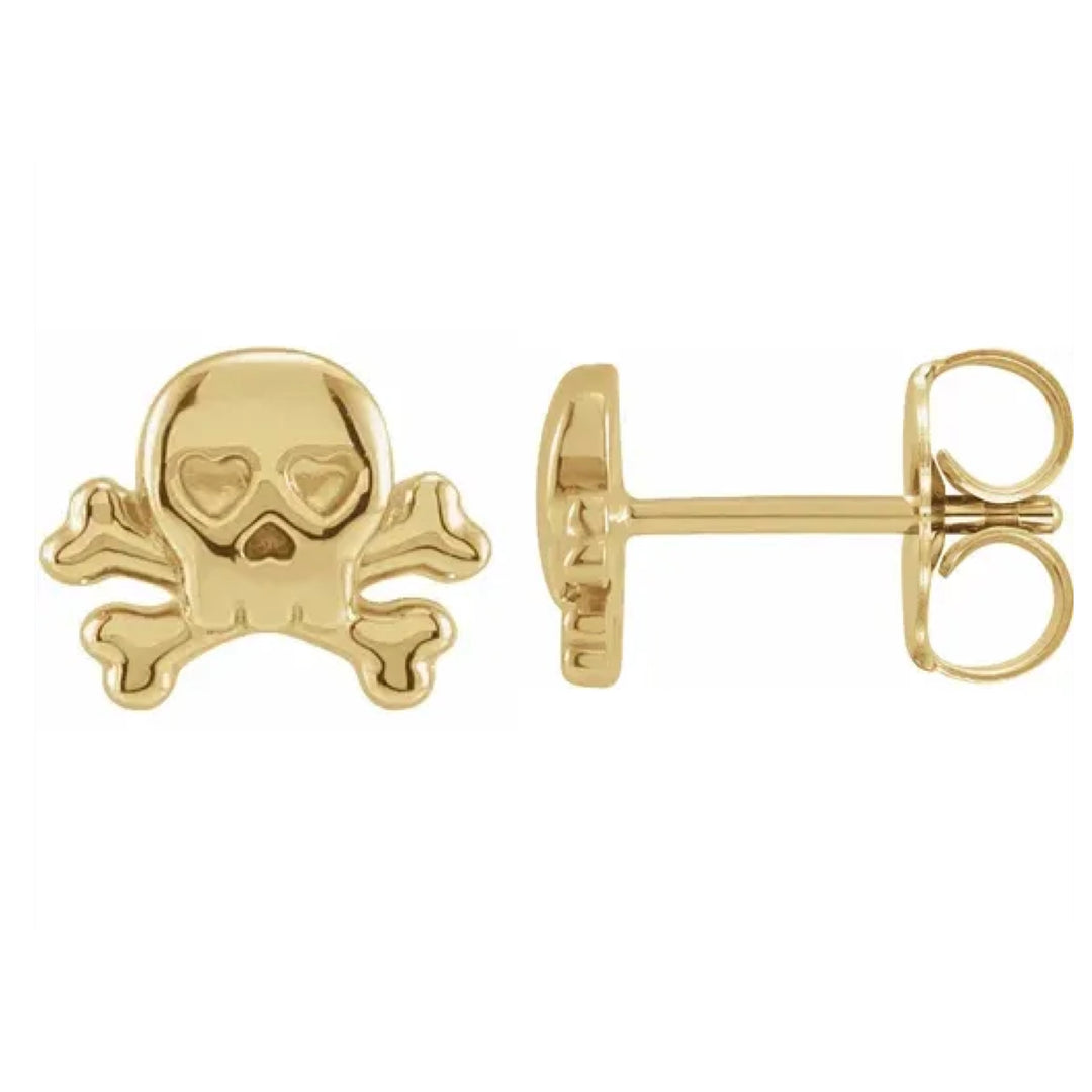 14k yellow gold skull and crossbones studs