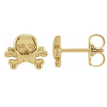 Load image into Gallery viewer, 14k yellow gold skull and crossbones studs