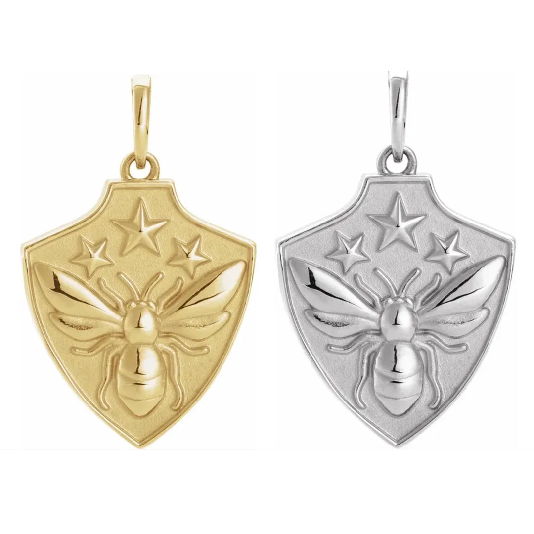 Bee shield necklaces in your choice of 14k yellow or white gold