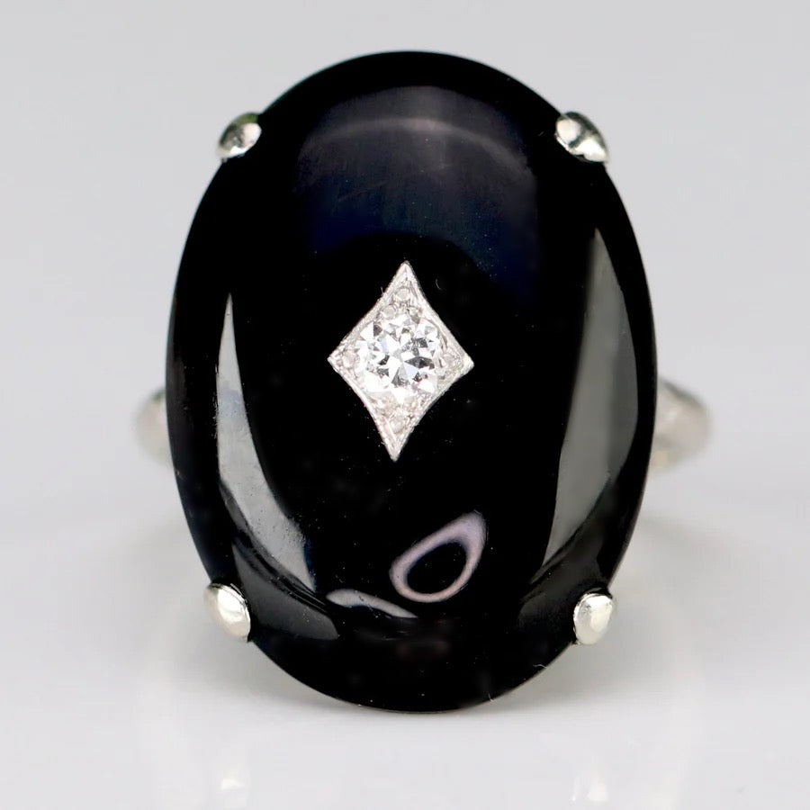 Vintage large Onyx cabochon & diamond ring in 14k white gold