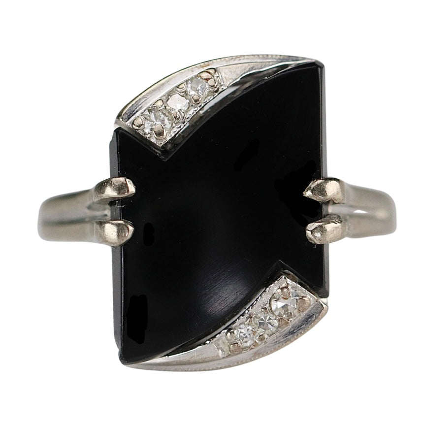 Fancy cut vintage onyx and diamond ring in white gold