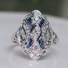 Load image into Gallery viewer, Vintage diamond and synthetic sapphire ring in 14k white gold from Manor Jewels