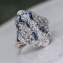 Load image into Gallery viewer, Vintage diamond and synthetic sapphire ring in 14k white gold from Manor Jewels