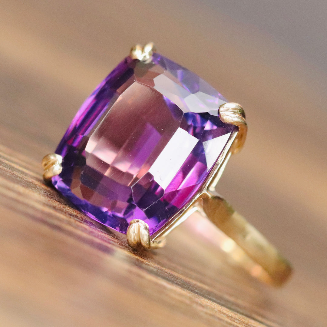 Large Amethyst cushion ring in 14k yellow gold