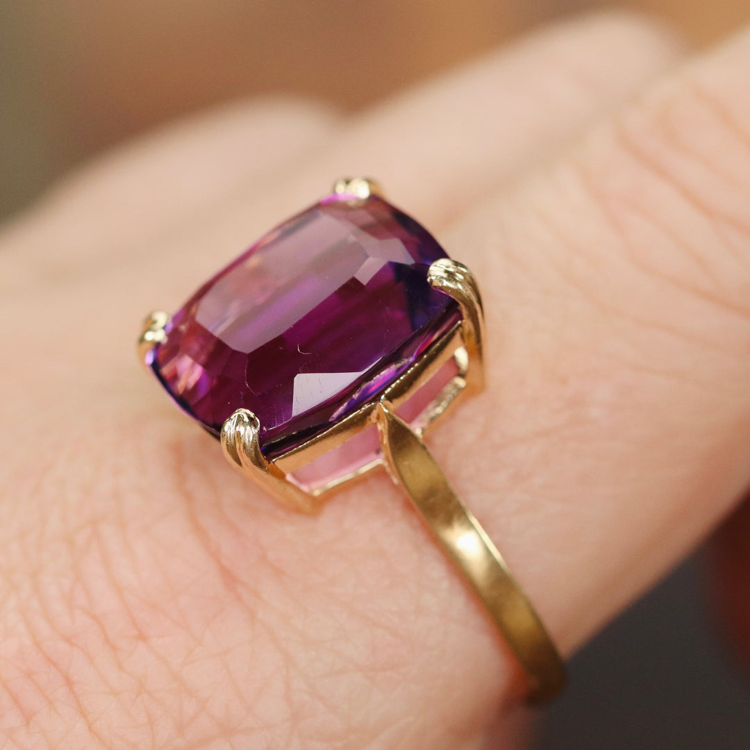 Large Amethyst cushion ring in 14k yellow gold