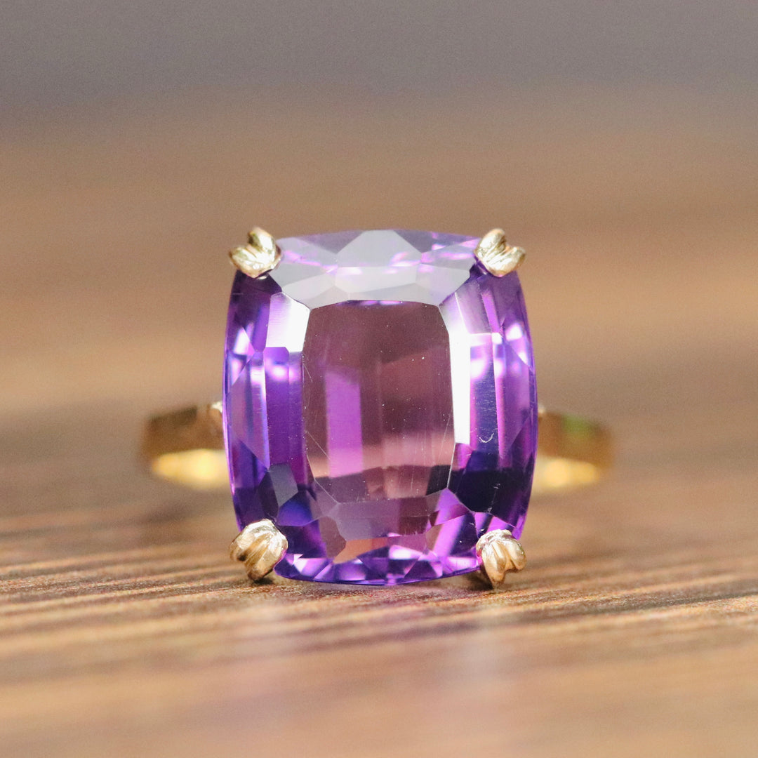 Large Amethyst cushion ring in 14k yellow gold