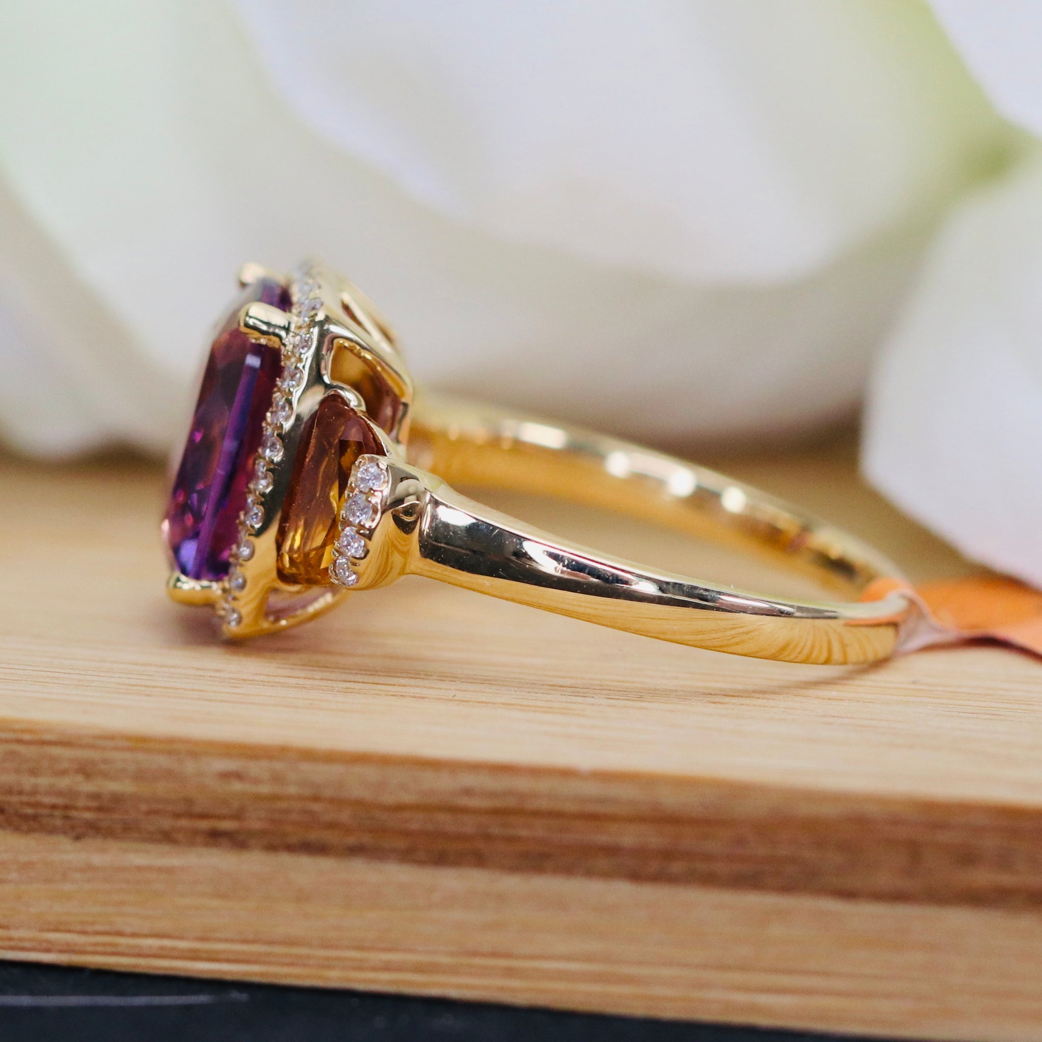 Citrine, amethyst, and diamond ring in 14k yellow gold by Effy