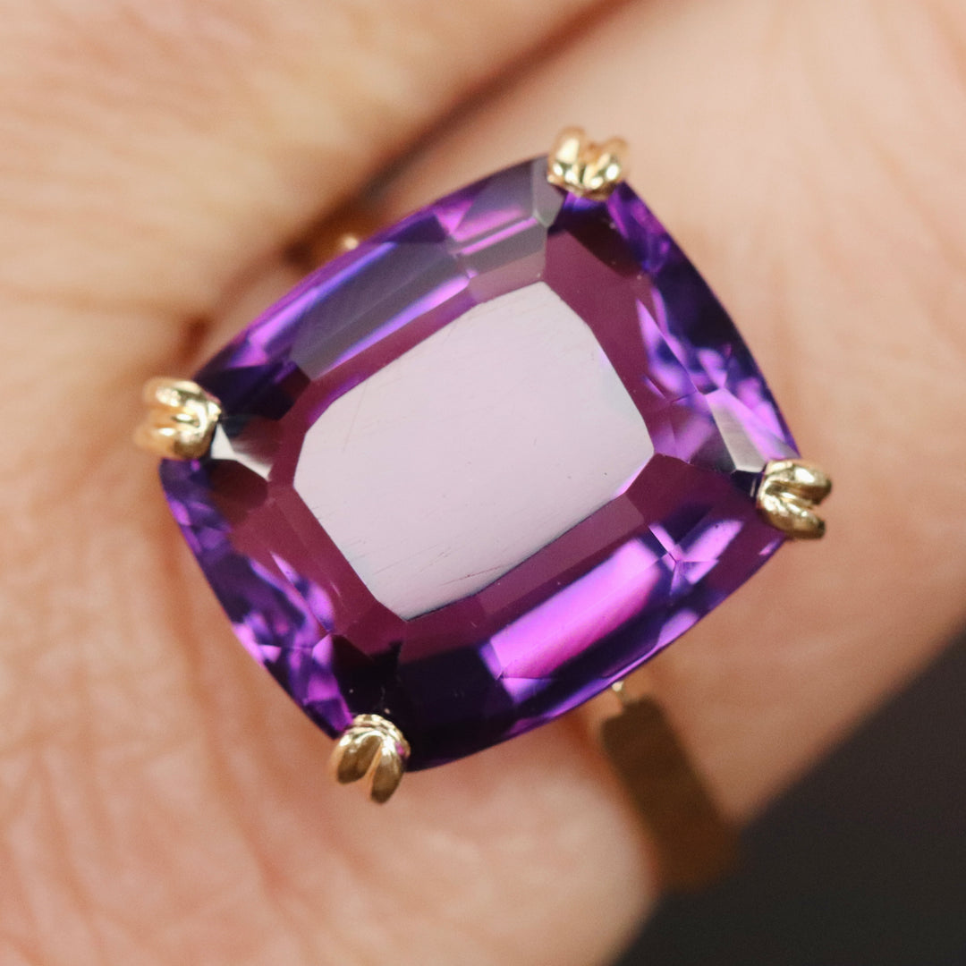 Large Amethyst cushion ring in 14k yellow gold