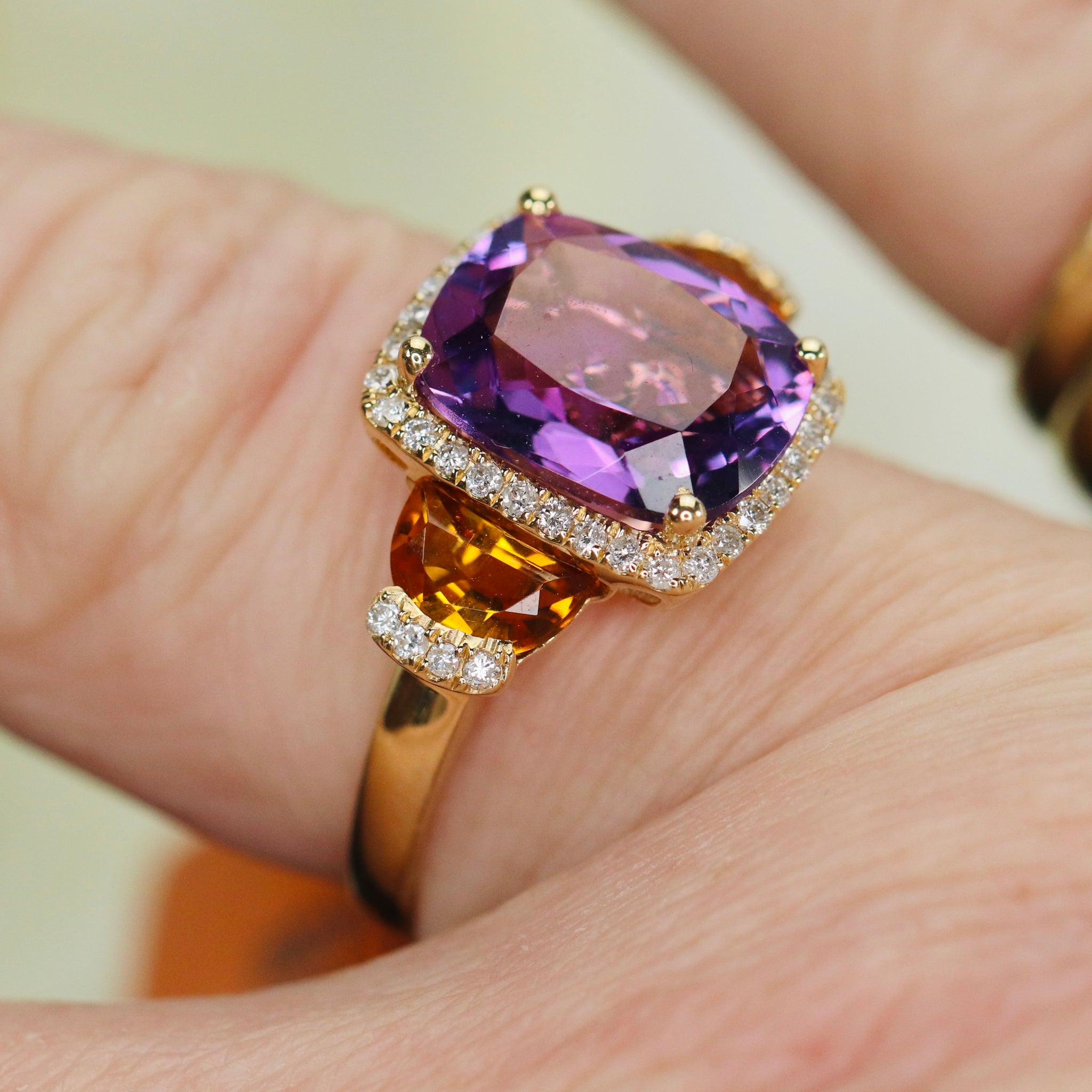 Citrine, amethyst, and diamond ring in 14k yellow gold by Effy