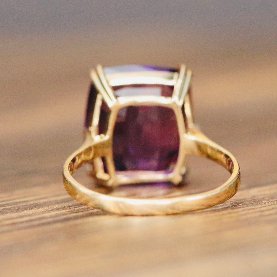 Large Amethyst cushion ring in 14k yellow gold